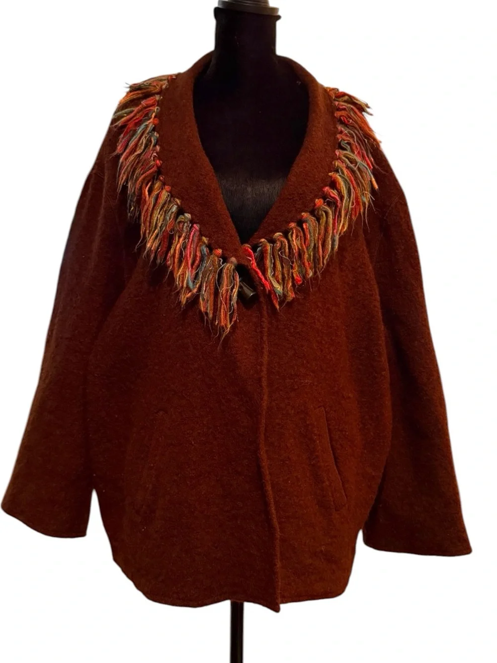 Lark Lane Brown 3X Wool Fringe Jacket Lagenlook Boho Artisan Art To Wear